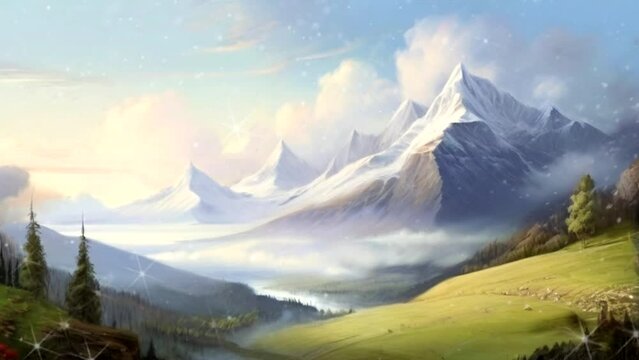 Beautiful mountain landscape with a river in the foreground digital painting