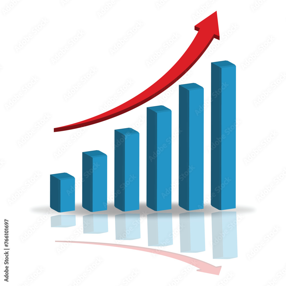 Poster business graph with arrow. 3d growth analytics chart with red arrow indicating growth. concept of ma