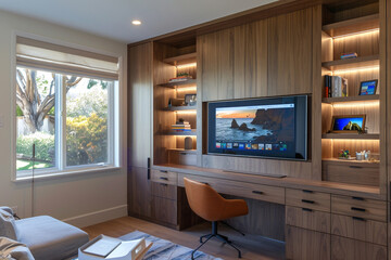 A sophisticated home office redesign with a built-in desk, custom cabinetry, and a feature wall for video calls