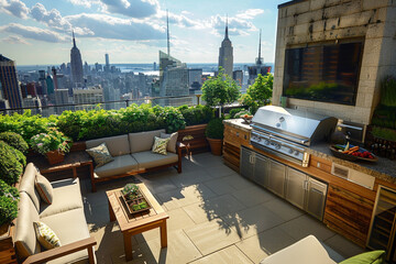 A rooftop terrace designed for entertainment, with a built-in barbecue grill, outdoor seating, and lush greenery, - obrazy, fototapety, plakaty