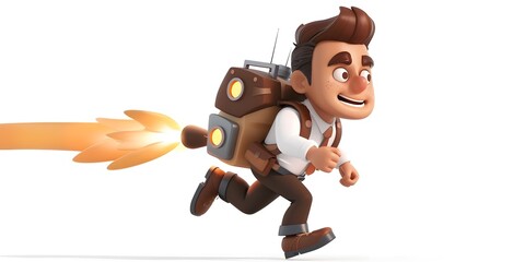 Fototapeta premium Ambitious Businessman Propelling Forward with Jetpack in Cartoon Style