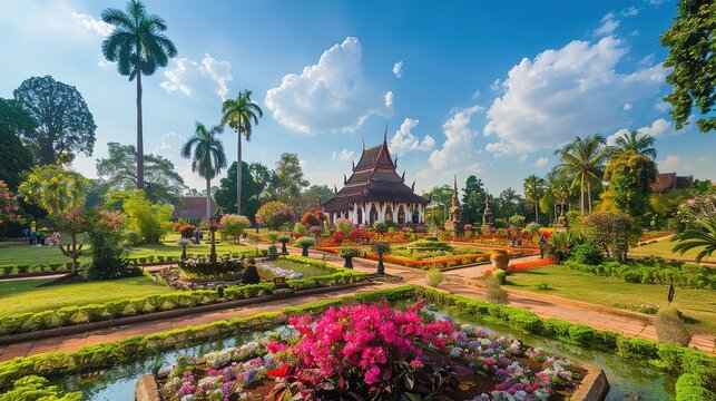 A beautiful view of flowers garden in Buddha Park located in Vientiane Laos,Generative ai