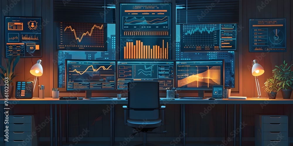 Poster sophisticated financial analytics dashboard with multiple data visualizations on advisor's desk