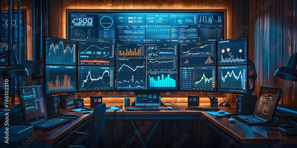 Poster financial advisor's desk with multiple screens showcasing comprehensive data analytics and expert gu