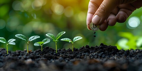 Hand Planting Coin Seedling in Fertile Soil,Investing in Growth and Future Potential