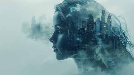 Create a woman's head featuring a futuristic cityscape. Skyscrapers, with roads winding between them