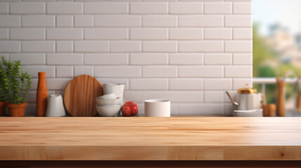 Wooden table foreground over blurred kitchen interior background