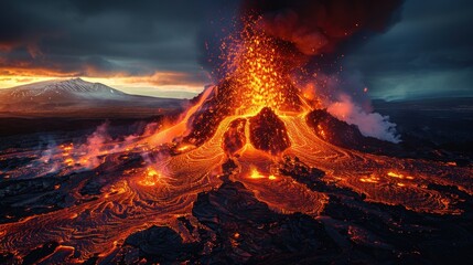 Close-up view of a volcanic eruption with molten lava spewing against a dark sky filled with smoke - obrazy, fototapety, plakaty