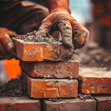 Close up hands of bricklayer, construction worker laying bricks