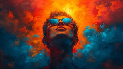 Intense Man in Sunglasses, Vivid Orange and Blue, Abstract Portrait with Copy Space - obrazy, fototapety, plakaty