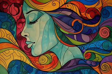 Colorful Abstract Female Portrait, Artistic Mural with Swirling Patterns