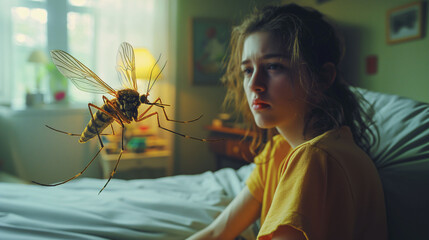 Young woman looking at mosquito in her bedroom