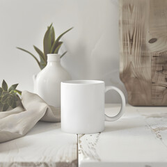 White mug mockup on a rustic white counter iconic.