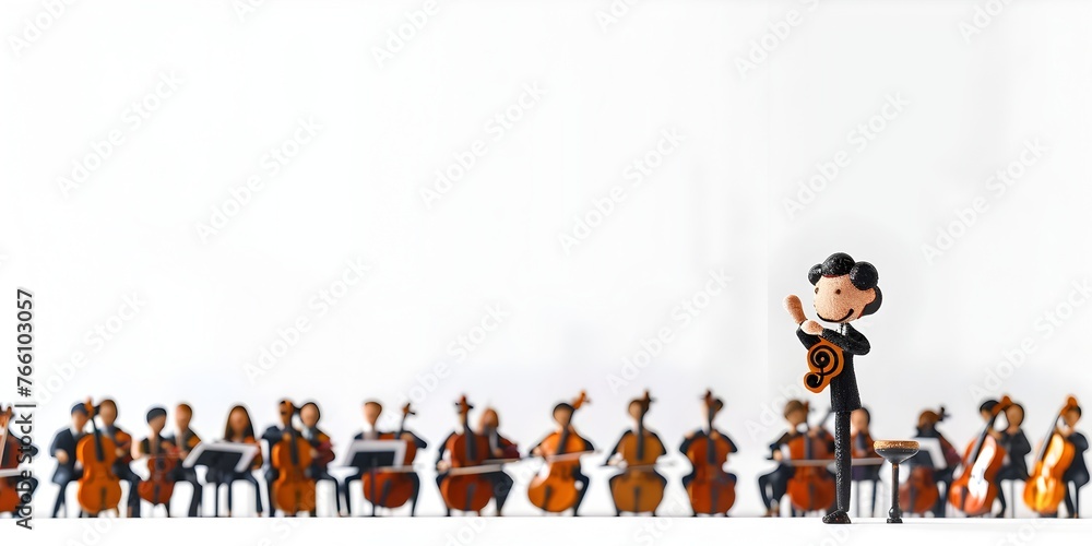 Poster musical note character conducting choir of instruments in symphony of learning on white background