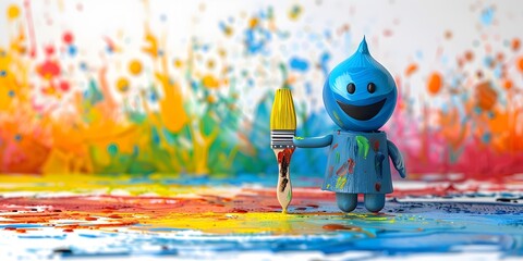 Whimsical Paintbrush Character Painting a Vibrant and Colorful Future - obrazy, fototapety, plakaty