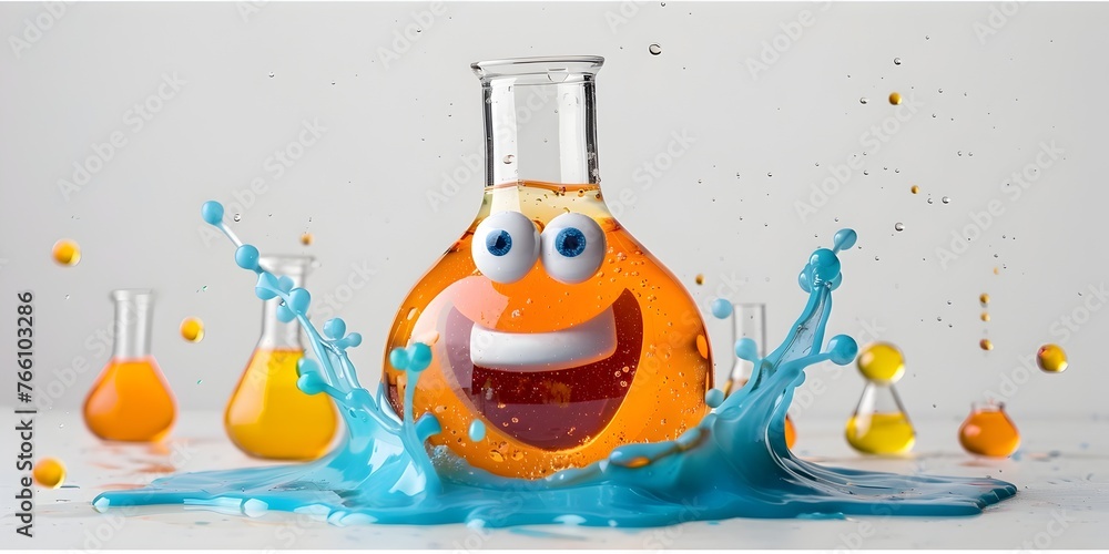 Poster a whimsical colorful image depicting an animated glass beaker character seemingly bubbling with exci