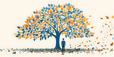 Solitary Figure Stands Before Vibrant Autumn Tree,Symbolic of Family History and Personal Growth