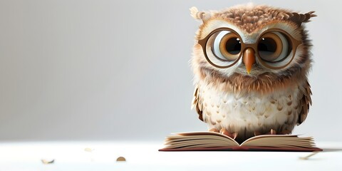 Thoughtful Owl Wearing Glasses Reading a Book,Surrounded by White Background with Copy Space