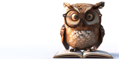 Cartoon Owl in Glasses Intently Reading a Book,Symbolic of Wisdom,Knowledge,and Scholarly Pursuits - obrazy, fototapety, plakaty