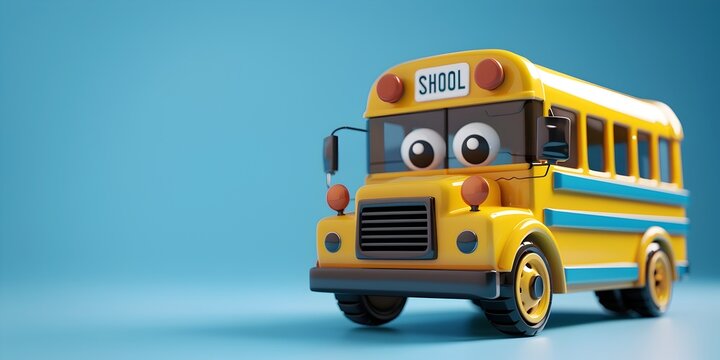 Cheerful school bus character picking up students on a journey of knowledge on a plain white background