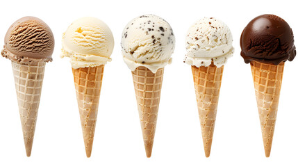 Set of various ice cream scoops in waffle cones isolated on white background