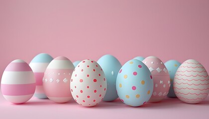 In a 3D render, pastel-colored Easter eggs, which are placed against a soft pink background, creating a delightful and enchanting display.
