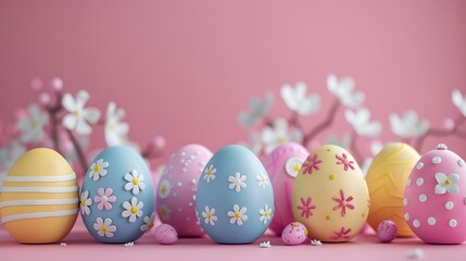 Fototapeta na wymiar Set against a soft pink background, delicate flowers adorn pastel-colored Easter eggs in a 3D render, creating a charming and festive depiction perfect for the Easter season.