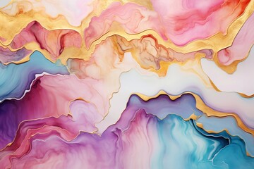Alcohol ink art technique. Natural luxury abstract fluid art painting. Tender and dreamy wallpaper. Mixture of colors. Waves and golden swirls. For posters, wall art, other printed materials