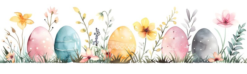 Vibrant spring flowers complement the beauty of decorated Easter eggs in a colorful watercolor painting, radiating the joy and optimism of the Easter celebration. - obrazy, fototapety, plakaty