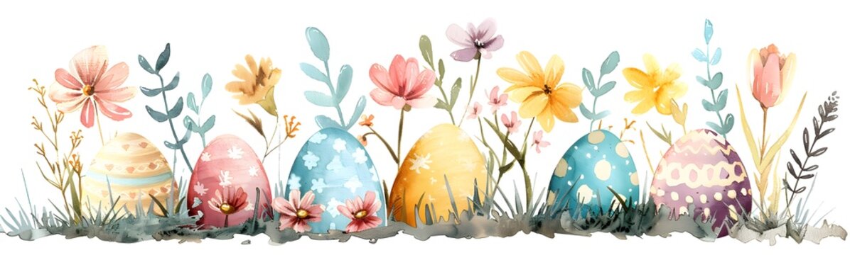 A colorful watercolor painting captures the beauty of spring with decorated Easter eggs nestled among vibrant flowers, infusing the scene with warmth and cheer.