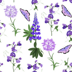Seamless vector illustration with lupines, sweet pea and butterflies