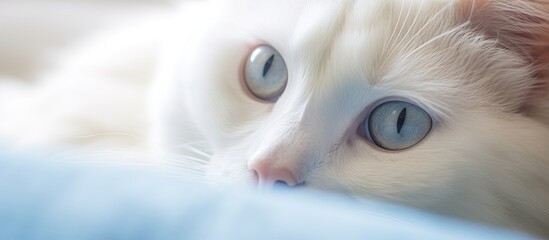 a close up of a white cat with blue eyes looking at the camera . High quality
