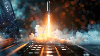 A small rocked being launched from a laptop keyboard. New business concept.