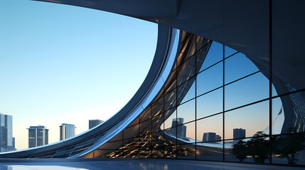 Low angle view of futuristic architecture, office skyscraper with curved glass windows