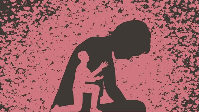 Silhouette of man in prayer pose. Man asking woman to marry or forgive him. Couple relationships. Heart shaped particles outline