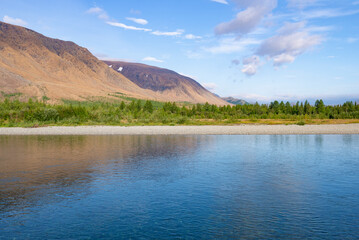 Sunny August day on the Sob river. Polar Urals, Yamalo-Nenets Autonomous Okrug. Russia - 766104220