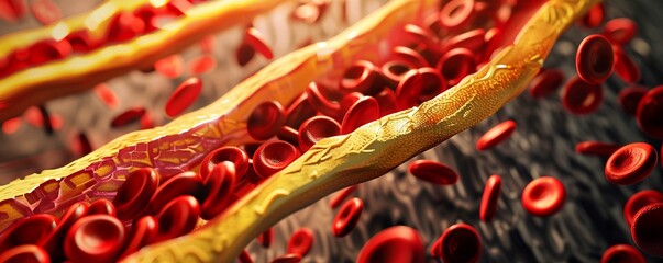 Abstract concept of blood flow obstruction, with arteries transforming into blocked tunnels of saturated fat - obrazy, fototapety, plakaty