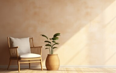 Empty beige wall mockup in room interior with wicker armchair and vase