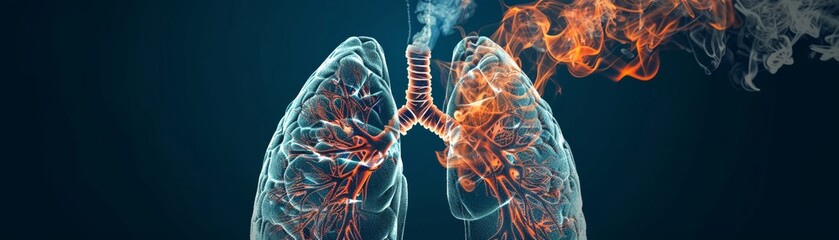 Artistic representation of lungs disintegrating into cigarette smoke, highlighting the severe health risks - obrazy, fototapety, plakaty