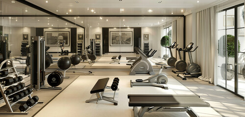 A chic home gym with cardio equipment, free weights, and mirrored walls.