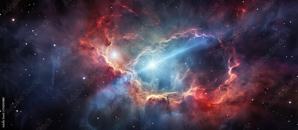 Poster an astronomical object resembling a red and blue nebula floats in the vast expanse of space, creatin