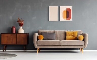 Retro style in beautiful living room interior with grey empty wall