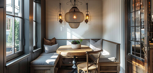 A cozy breakfast nook with a built-in banquette, bistro table, and pendant lighting. - obrazy, fototapety, plakaty