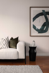 Interior design with a couch in a living room. A artistically styled photograph of contemporary living. 