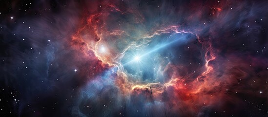 An astronomical object resembling a red and blue nebula floats in the vast expanse of space, creating a mesmerizing cosmic art in the galaxy