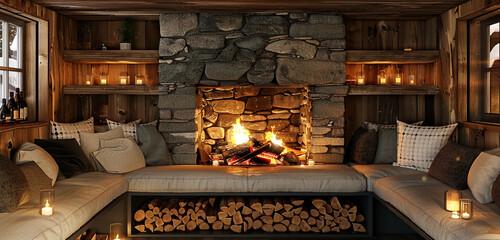 A cozy fireplace lounge with built-in seating, a crackling fire, and stacked firewood.