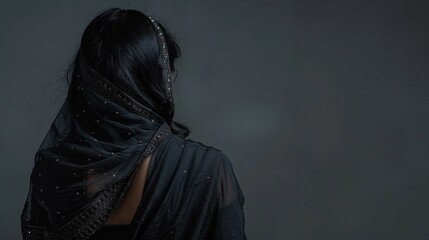 back view of arabian woman in black saree - obrazy, fototapety, plakaty
