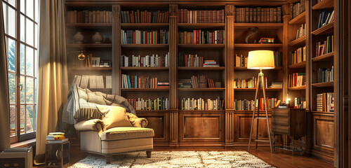 A cozy reading nook with a comfy armchair, floor lamp, and built-in bookshelves. - obrazy, fototapety, plakaty