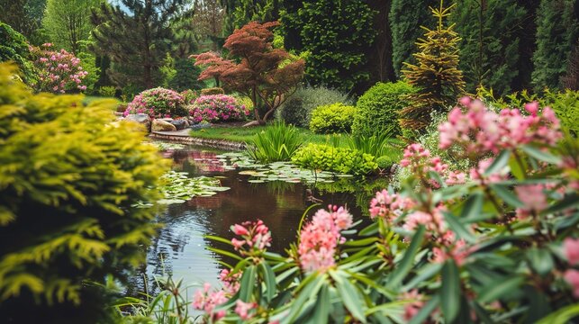 Beautiful pond among flowering bushes of conifer trees in the garden. The concept of natural landscape design  ,Generative ai,