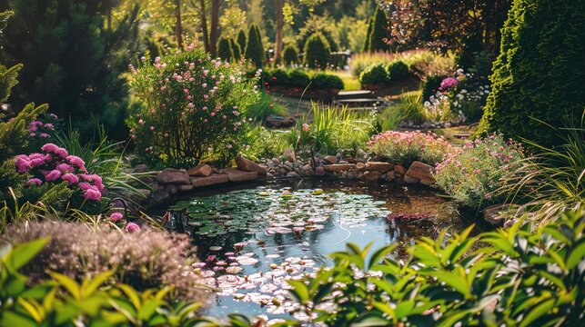Beautiful pond among flowering bushes of conifer trees in the garden. The concept of natural landscape design  ,Generative ai,